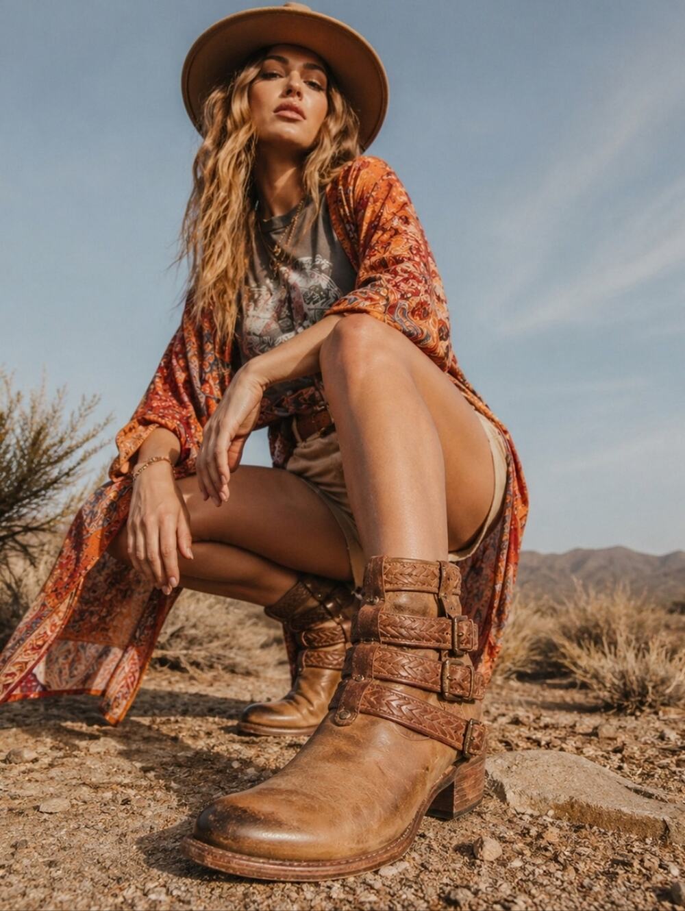 Freebird Roper Harness Leather Ankle Boots Tan Distressed Size 6 Rare S3181